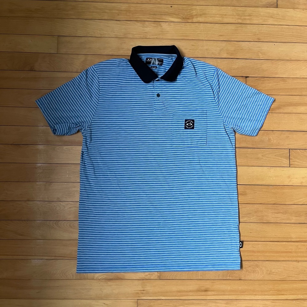 Oakley Golf Mens Blue White Striped Short Sleeve Polo Shirt Regular Fit Large